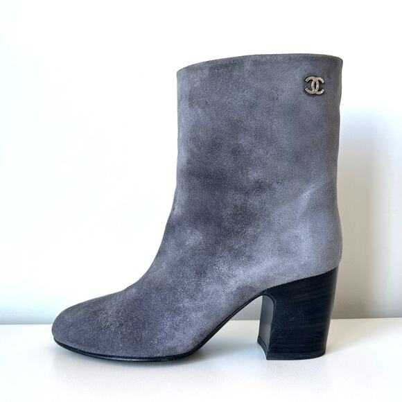 CHANEL Grey Suede Calfskin Short Boots IT 36.5 - Picture 1 of 16